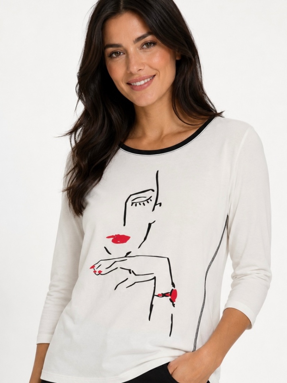 Chico’s Zenergy white t-shirt with portrait graphic and red accent.